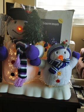 Festive Purple-Accented Snowman Couple Holiday Decoration - Unknown Brand